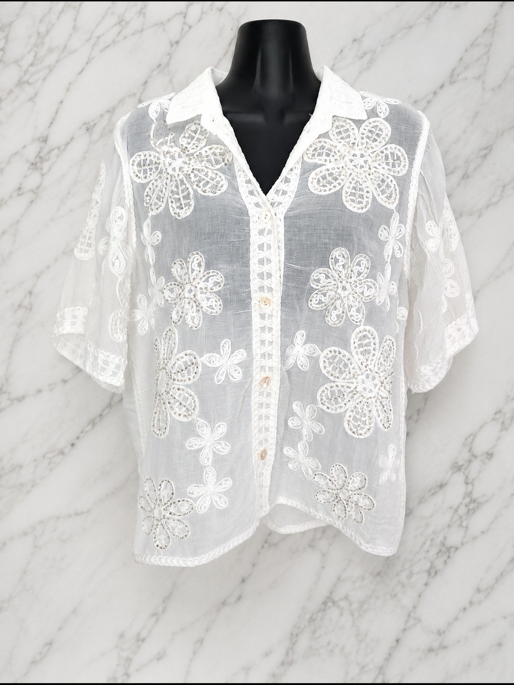 Original White Sheer Floral Embroidered Beaded Button Front Blouse Top S/M B